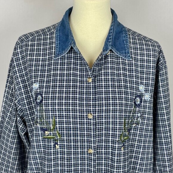 Vtg Basic Editions Top Sz L Blue Plaid Floral Embroidered Country Cabincore - Picture 2 of 7